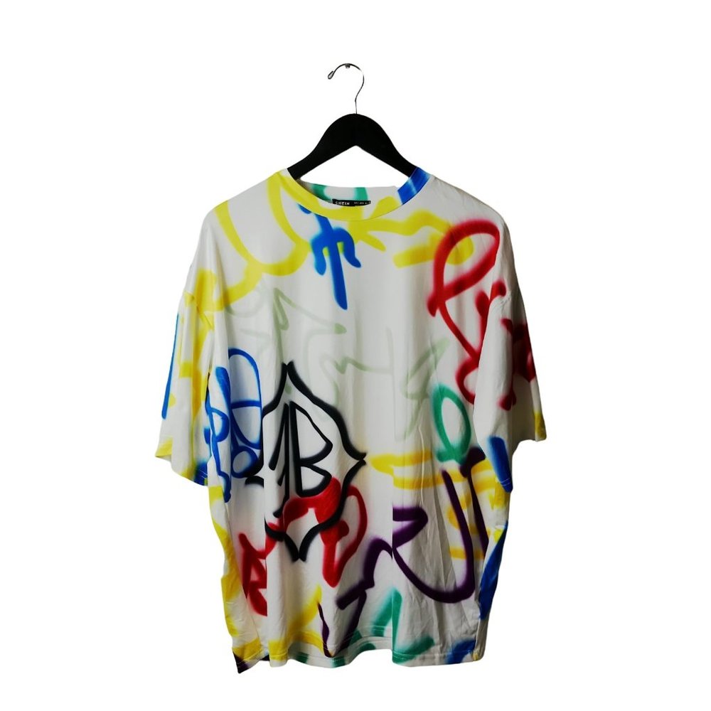 Oversized Shein T Shirt Grafitti Graphic Tee Polyester Blend Short Sleeve M